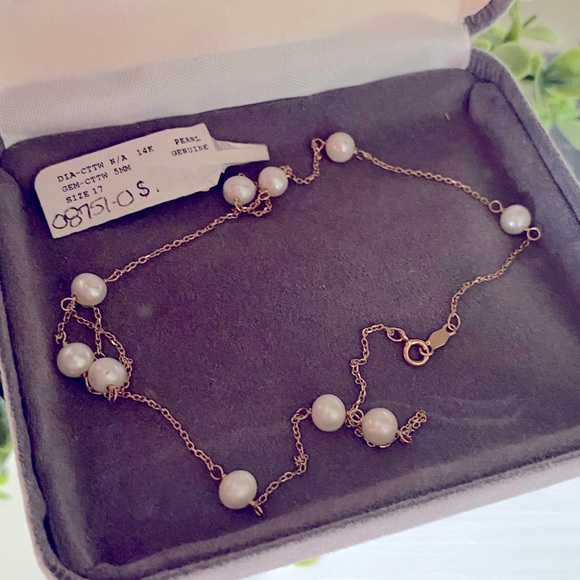 14K Gold Freshwater Pearl Station Necklace 16" Signed O.T.C 14Kt 3 grams - Picture 2 of 10